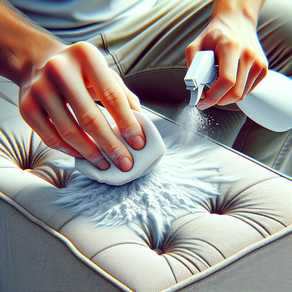 Close-up of hands actively cleaning a light-colored fabric sofa. One hand sprinkles white powder (baking soda) onto the cushion, while the other holds a cleaning brush or cloth. A spray bottle is visible in the background. Bright, clean aesthetic, emphasizing effective cleaning and restoration. Realistic, detailed.
