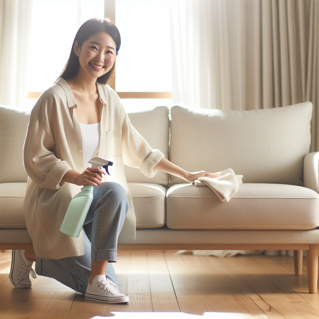 A clean, bright living room. A woman is looking relieved and satisfied, kneeling next to a light-colored fabric couch. She holds a spray bottle and a clean cloth, having successfully removed a stubborn odor. The room feels fresh and hygienic, with soft natural light.