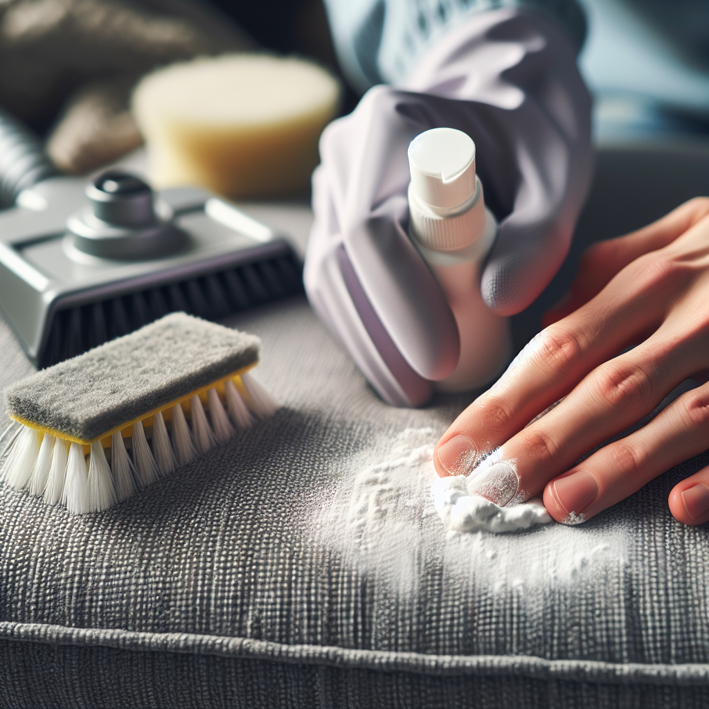 A close-up shot of hands carefully applying a white cleaning paste, possibly baking soda, onto a small, discolored spot on a grey fabric couch. In the blurred background, other cleaning supplies like a sponge, a brush, and a small vacuum attachment are visible, suggesting a systematic approach to odor and stain removal.