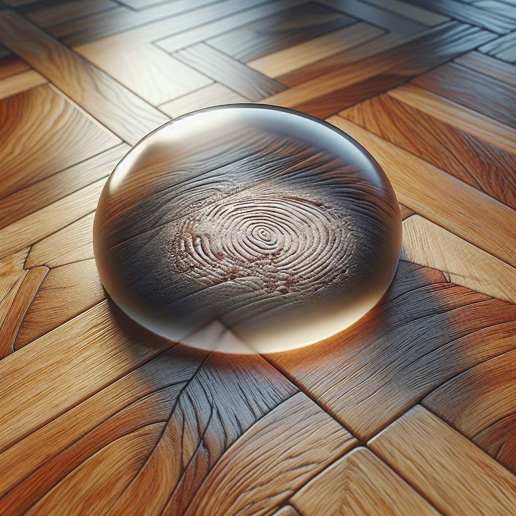 Close-up of a persistent, faint, discolored stain on a wooden surface (e.g., parquet or table), with a subtle visual distortion or haziness around it hinting at an unpleasant, deep-seated odor. The wood grain is prominent, and the lighting emphasizes the difficulty of cleaning. Realistic, high-detail photography.