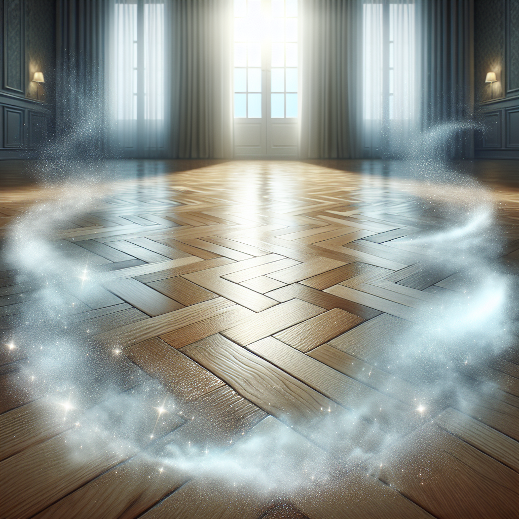 A perfectly clean and beautifully restored wooden parquet floor, gleaming under warm natural light, completely free of any stains or odors. A subtle visual metaphor for freshness and a clean scent, such as sparkling air or a gentle, invisible mist, emanates from the surface, symbolizing successful odor removal and a renewed living space. Realistic, inviting photography.