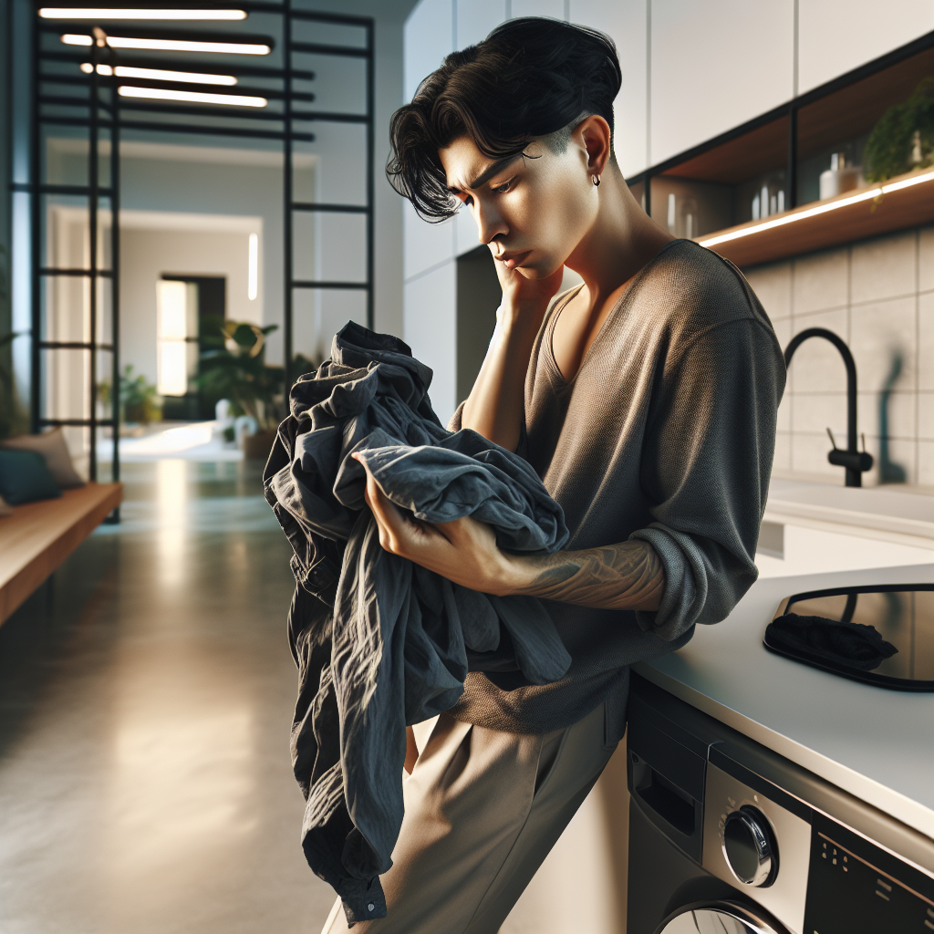 A person, gender-neutral, holding a crumpled piece of dark clothing and looking at it with a slight expression of dismay, implying an unpleasant odor. The background is a modern, clean laundry room with a washing machine visible. Soft, natural light. Realistic photography style, focus on the emotion of mild discomfort related to a chore.
