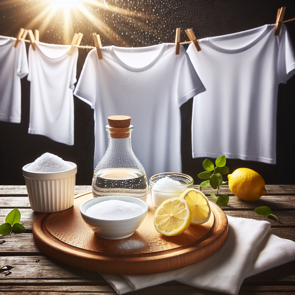 A vibrant, clean white t-shirt hanging on a clothesline outdoors in bright sunlight, with gentle water droplets still visible from washing. In the foreground, a small ceramic bowl filled with white baking soda, a clear glass bottle of white vinegar, and a few fresh lemon slices are artfully arranged on a wooden surface. The overall atmosphere conveys freshness, cleanliness, and natural solutions. Bright, optimistic photographic style, shallow depth of field.