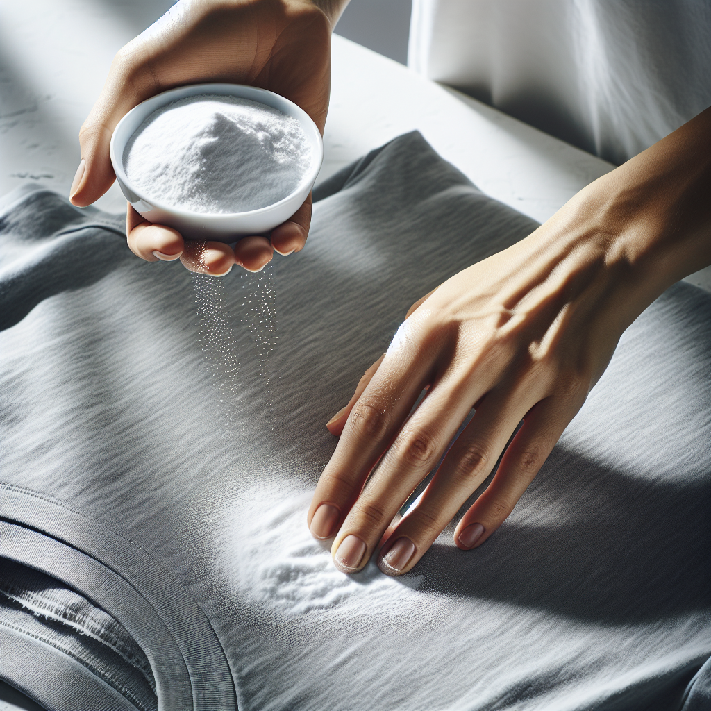 A close-up, top-down shot of hands carefully sprinkling white baking soda powder onto a subtle, slightly damp spot on a light grey t-shirt fabric. The background is a clean, minimalist laundry area with soft, natural light, evoking a sense of effective home remedy and cleanliness.