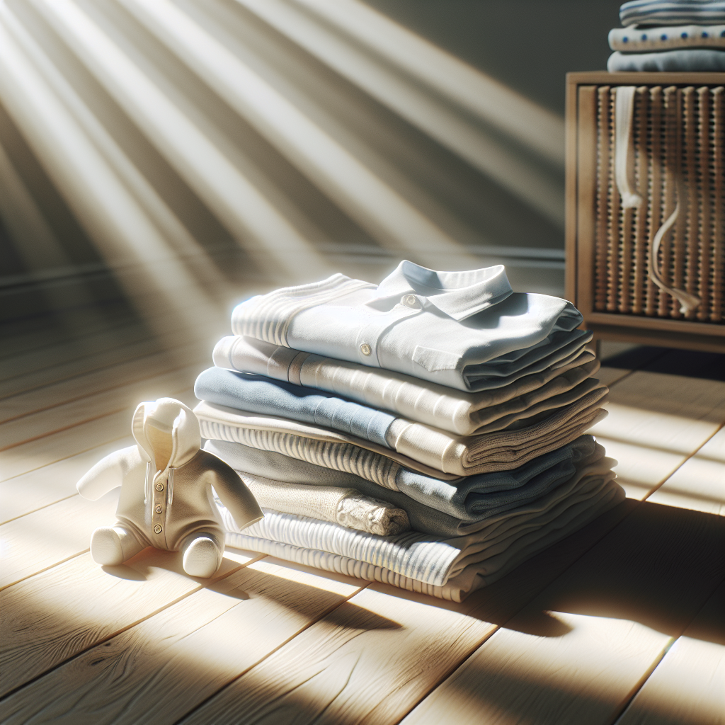 A neatly folded pile of various clean, fresh-smelling clothes, including a small child's garment, sitting on a light wooden surface. Sunlight streams in from a window, highlighting the fresh textures and conveying a sense of relief and successful cleaning. The mood is bright, airy, and organized.
