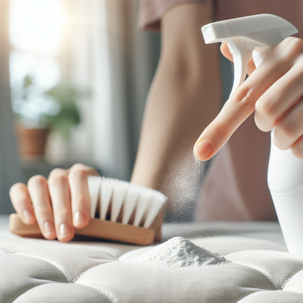 Close-up of a hand gently sprinkling white baking soda powder onto a light beige mattress, focusing on the cleaning process. A spray bottle and a clean cloth are softly blurred in the background. The lighting is bright and natural, creating a clean, hopeful atmosphere. Realistic, high-key photography style.