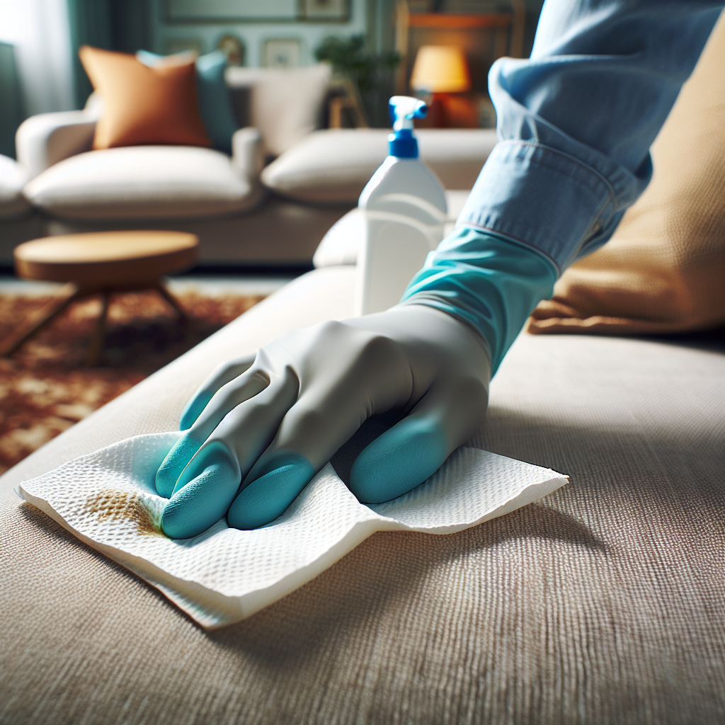 A close-up, slightly action-blurred shot of gloved hands urgently dabbing a fresh vomit stain on a light-colored fabric sofa with a white paper towel. The background is a cozy, slightly out-of-focus living room, emphasizing immediate cleanup and the problem. Soft, natural lighting.