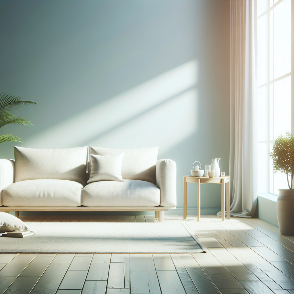 A brightly lit, clean, and inviting living room. A light-colored, plush sofa is immaculately clean, with sunlight streaming through a large window, creating a fresh and airy atmosphere. A subtle hint of cleanliness, perhaps a bowl of baking soda or a spray bottle on a nearby table, suggests successful odor removal and a refreshed space.
