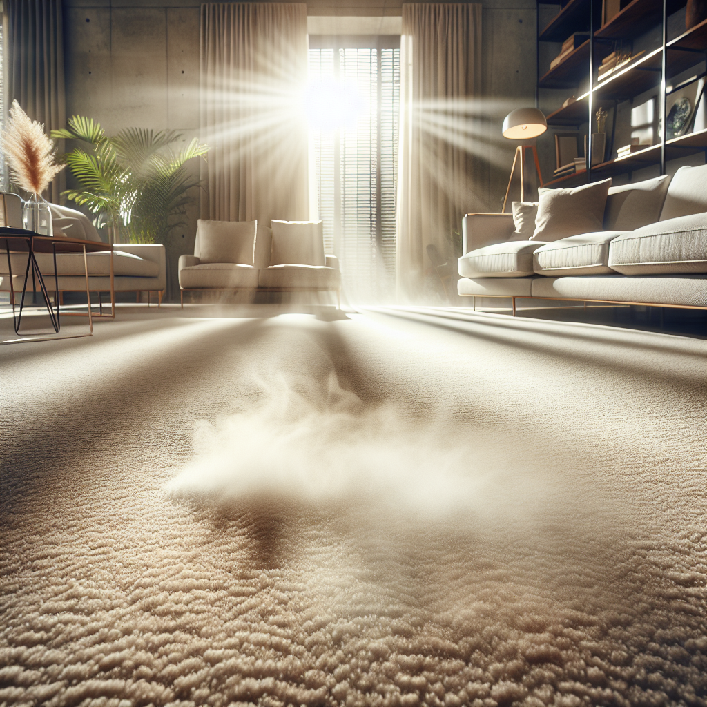 A close-up, high-angle shot of a meticulously clean, plush beige carpet in a bright, modern living room. Sunlight streams through a window, highlighting the carpet's texture. A subtle, soft, ethereal mist or glow emanates from the carpet, symbolizing freshness and a completely odor-free environment. The overall impression is one of serene comfort, hygiene, and a successful deep clean. Professional photography style, inviting atmosphere.