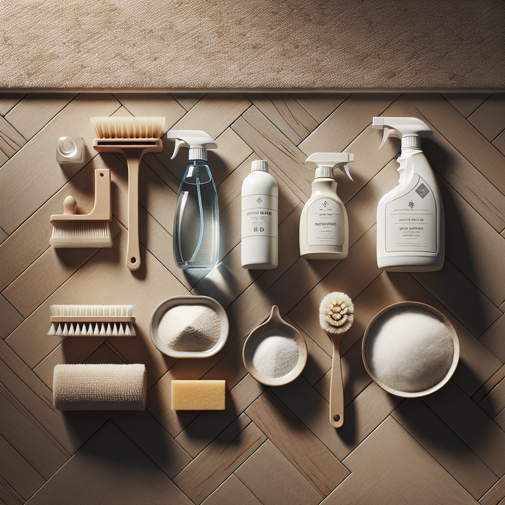 An organized overhead flat lay shot displaying various cleaning essentials neatly arranged on a polished wooden floor next to a clean, neutral-colored carpet swatch. The items include a stylish spray bottle filled with a clear liquid, a small ceramic bowl with white powder (baking soda), a soft-bristled cleaning brush, a clean microfibre cloth, and an elegant bottle of 'Enzyme Cleaner'. The composition is clean, bright, and professional, conveying expertise and effective solutions for carpet odor removal. Studio lighting, high resolution.