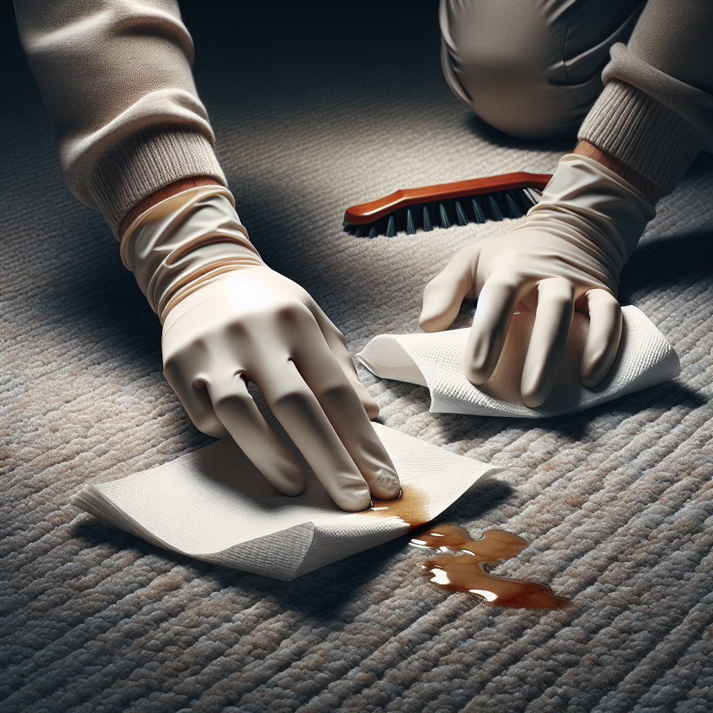 A pair of gloved hands carefully blotting a small, indistinct liquid spill on a light-colored carpet with paper towels. The scene is clean and professional, focusing on the immediate action of cleanup, subtle indication of an unpleasant incident without being graphic, soft studio lighting, realistic.