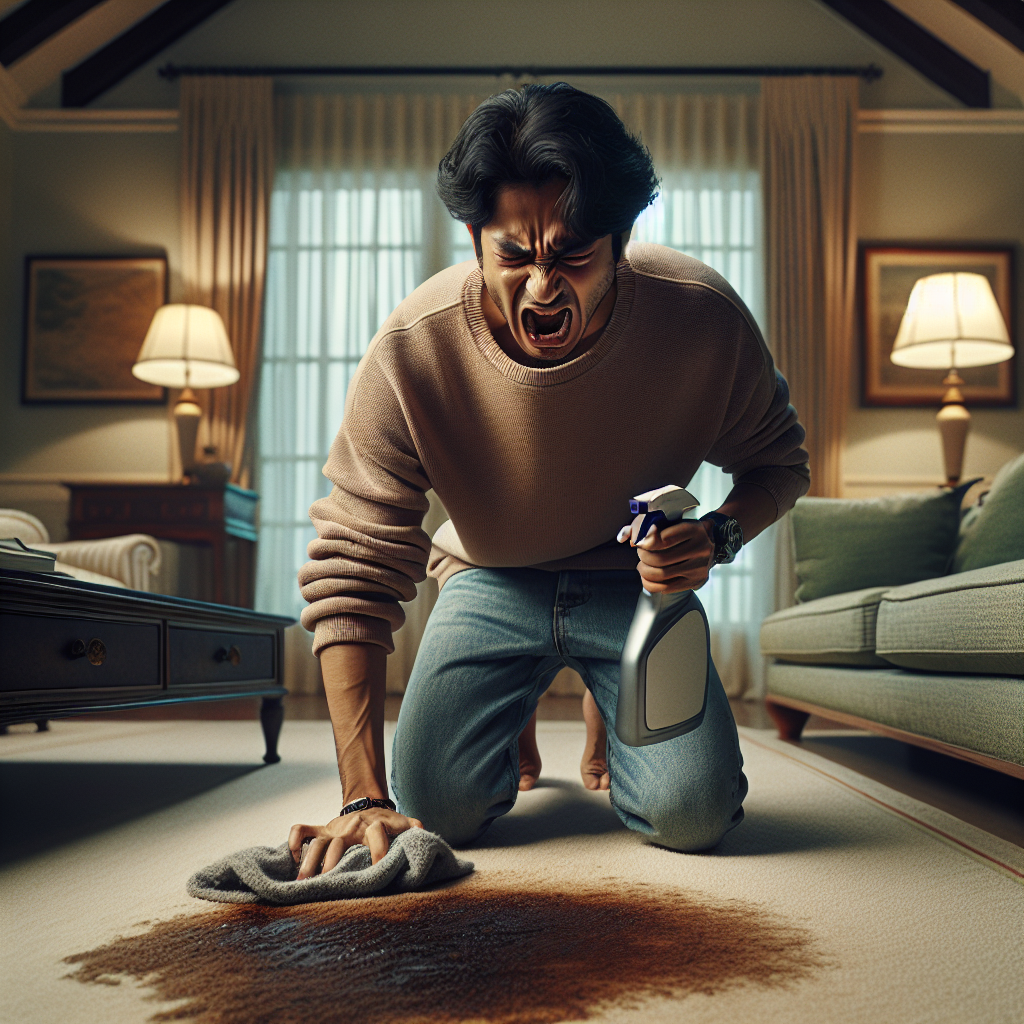 A person with a slightly overwhelmed but determined expression, kneeling next to a subtly discolored area on a plush carpet in a home setting. They hold a spray bottle and a cleaning cloth, ready to tackle an unseen unpleasantness. The room lighting is somewhat muted, emphasizing the challenge ahead, but still realistic and empathetic. Focus on the moment of confronting a difficult cleaning task, without explicit gross details.