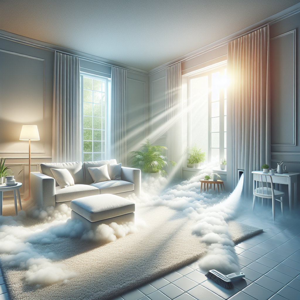 A bright, airy living room bathed in abundant natural light, emanating a strong sense of cleanliness and freshness. An immaculate, soft carpet and a comfortable sofa are perfectly clean. A gentle breeze from an open window flutters light curtains, symbolizing complete odor elimination and a refreshed environment. The scene is serene, inviting, and impeccably clean, representing the successful outcome of a thorough cleaning.