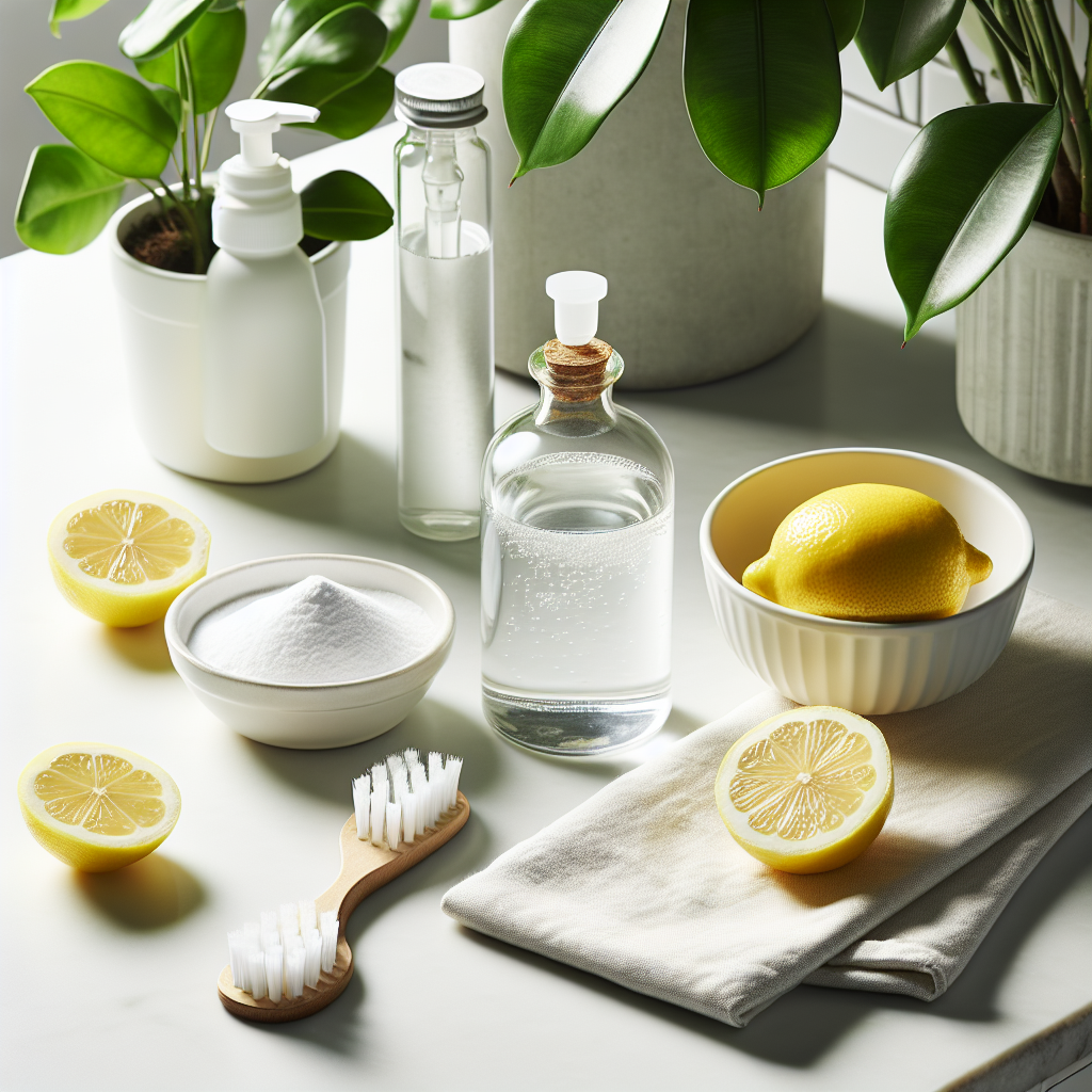 A bright, clean overhead shot featuring several natural cleaning agents arranged on a pristine white kitchen counter. Prominently displayed are a small bowl of white baking soda, a clear bottle of white vinegar, fresh lemon slices, and a green plant in the background, hinting at natural freshness. The overall mood is one of cleanliness, effectiveness, and natural solutions. High-key lighting, minimalist aesthetic.