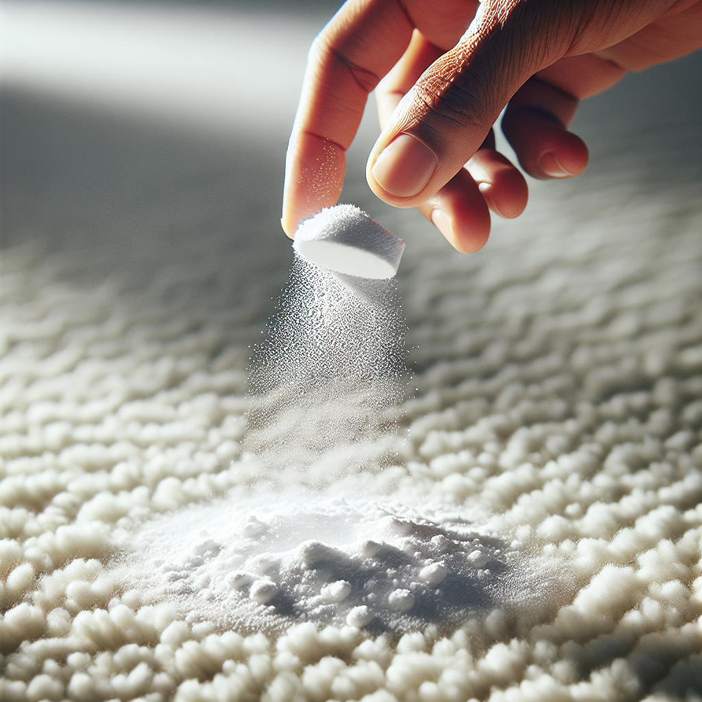 A close-up shot of a hand gently sprinkling white baking soda powder onto a section of a light-colored carpet where a stain was, symbolizing odor removal. The powder is settling, creating a clean, fresh feel. Soft, natural light. Realistic, clean style.