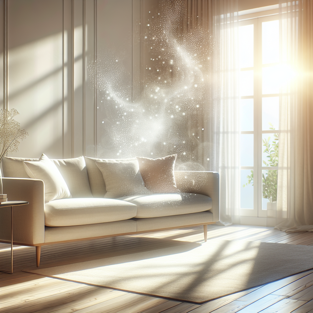 A cozy, bright living room with a modern, clean sofa in light, neutral colors. Sunlight streams through a window, creating an airy and fresh atmosphere. Ethereal, gentle wisps of light or shimmering air subtly rise from the sofa, symbolizing a purified and pleasant scent. No visible mess or stains, just a sense of pristine cleanliness and comfort. High-quality photography, soft focus on the background.