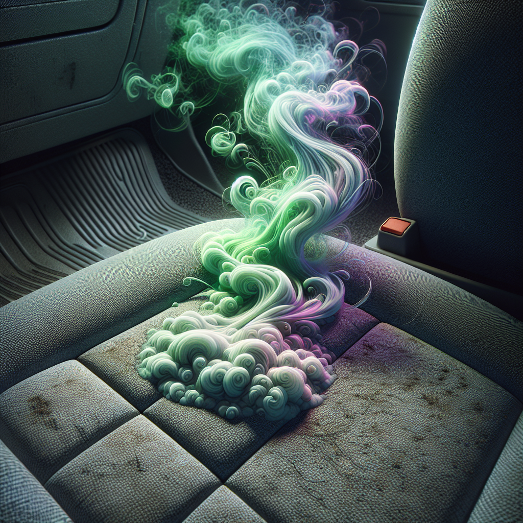 A close-up, slightly dim interior view of a car's fabric seat or carpet, with abstract, swirling green and purple vapor lines emanating from a small, subtle stain, visually representing a very strong, unpleasant odor. The scene conveys a sense of stubborn bad smell. Photorealistic, high detail.