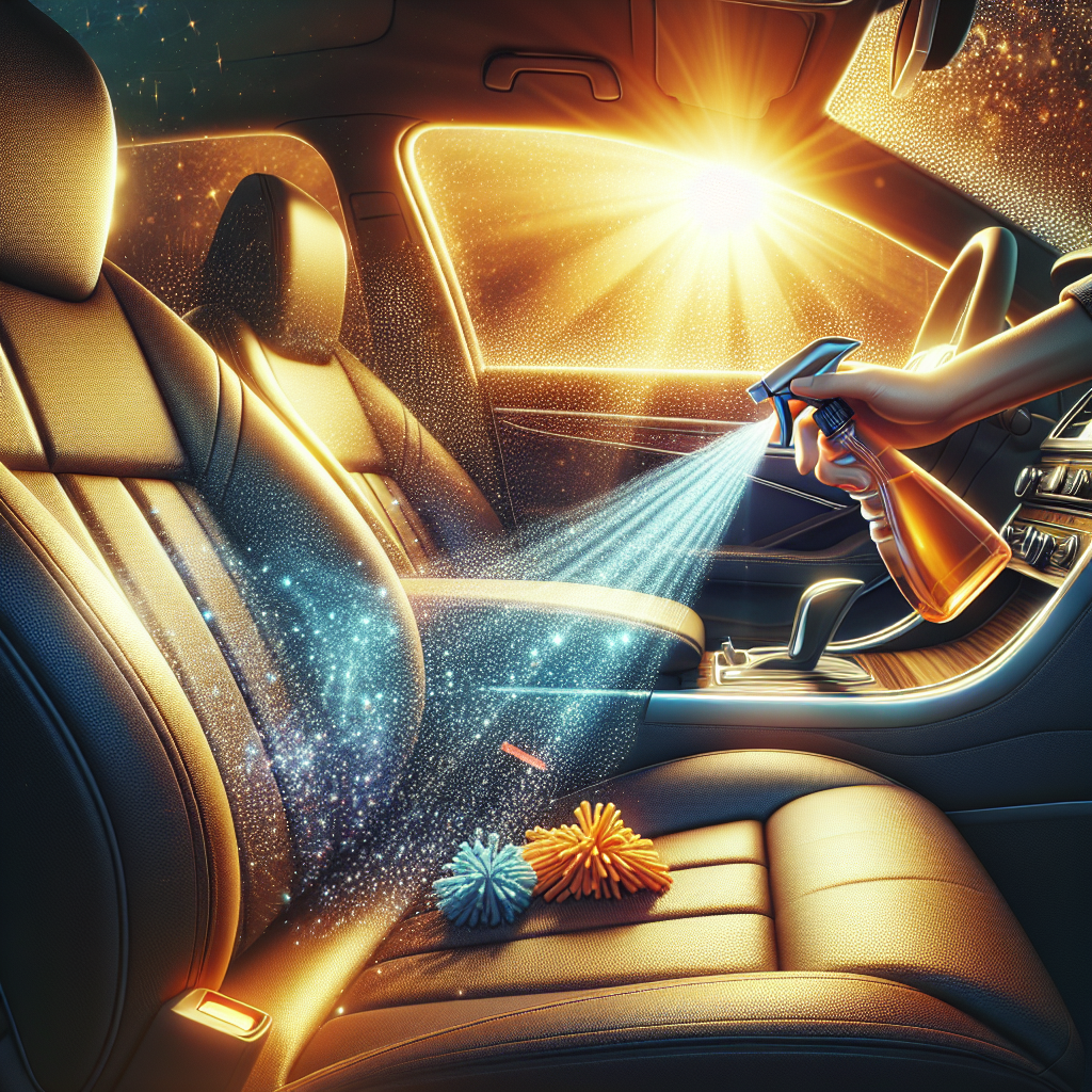 A bright and fresh-looking car interior, with sunlight streaming through the windows onto a clean car seat. A hand is actively spraying a fine mist of cleaning solution onto the fabric, and the air around it appears sparkling and visibly purified, symbolizing effective odor neutralization and a fresh scent. Photorealistic, professional cleaning tools visible.