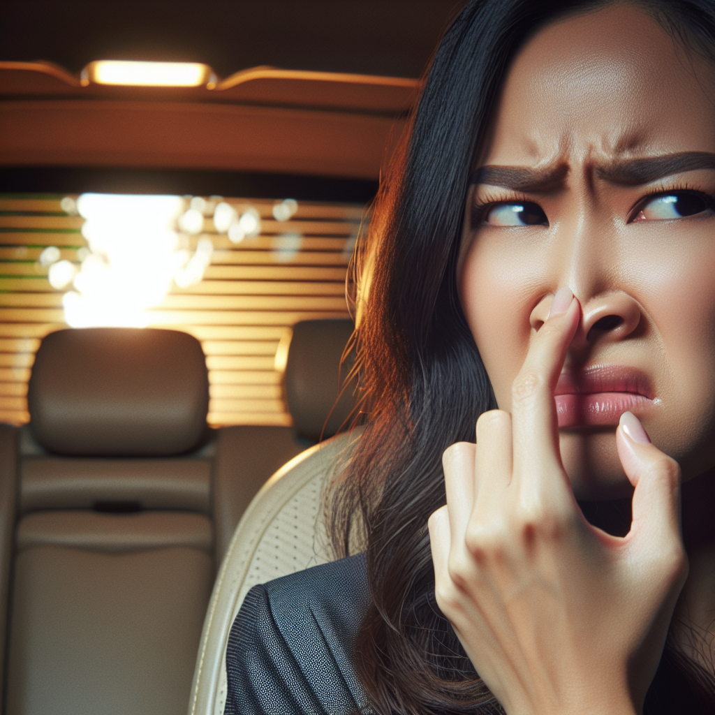 A close-up of a person inside a car, visibly pinching their nose with a disgusted expression, the car interior slightly out of focus in the background, conveying a strong, unpleasant, invisible odor. The lighting is slightly dim and the atmosphere feels heavy, emphasizing discomfort. Realistic, high detail.
