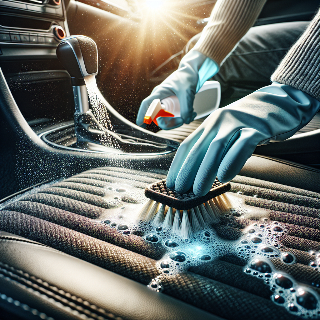 A close-up shot of hands in cleaning gloves diligently scrubbing a car seat or floor mat with a cleaning brush and a foaming solution. A subtle visual cue of freshness, like a light, clean mist, emanates from the cleaned area, symbolizing odor removal and restoration. The car interior is bright and clean, suggesting effective cleaning in progress. Realistic, bright and hopeful lighting.