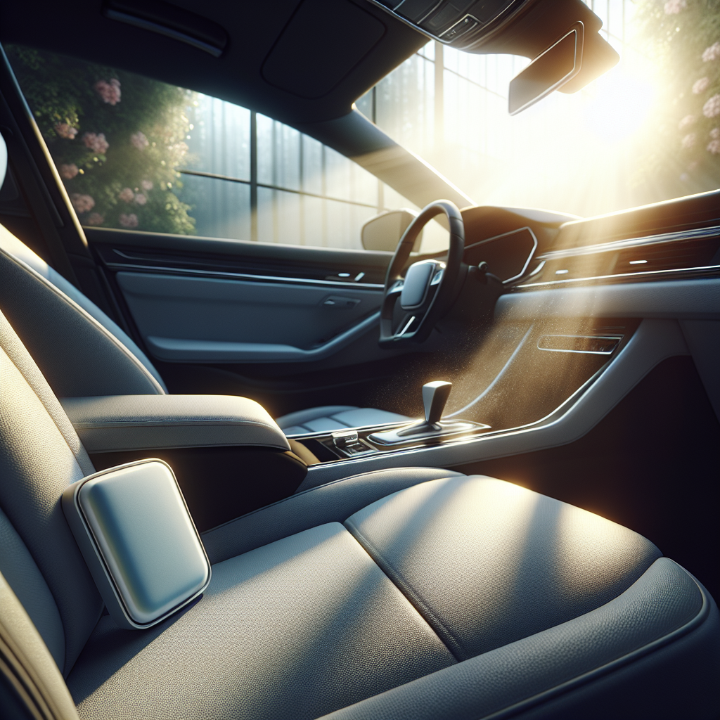 A pristine and inviting car interior, bathed in soft, natural sunlight streaming through the windows. The upholstery and surfaces are spotless, appearing fresh and clean. Subtle visual elements like a gentle draft from a slightly open window, or a strategically placed, modern car air freshener (not generic), convey a sense of pleasant, clean scent and renewed freshness. The overall mood is peaceful and hygienic.