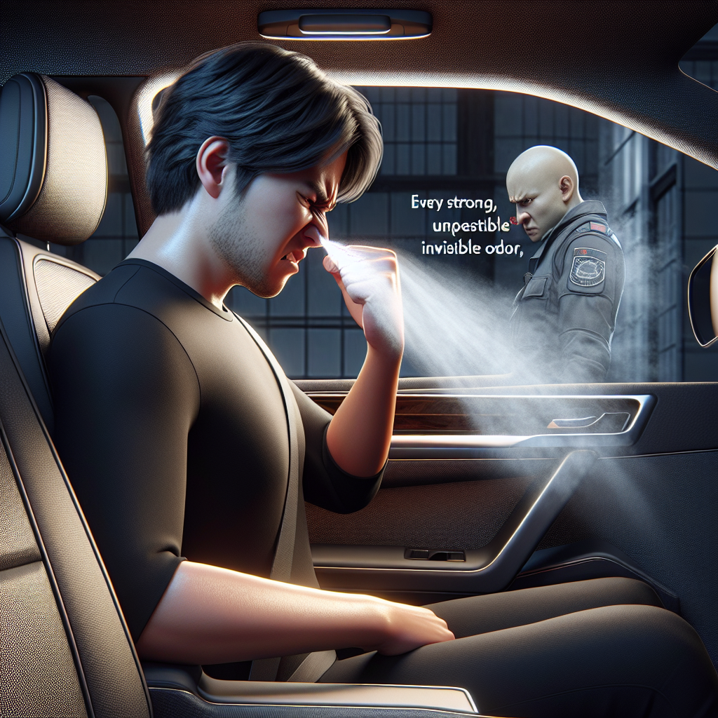 A person, clearly unhappy, pinching their nose inside a modern car interior, indicating a very strong, unpleasant odor. The focus is on the invisible bad smell, not the source. The lighting should be slightly dramatic to convey discomfort. Photorealistic, blog header style.