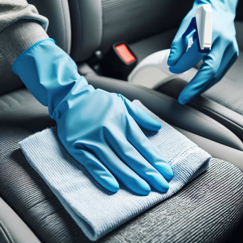Close-up, eye-level shot of hands wearing blue cleaning gloves, diligently scrubbing a car's grey fabric seat with a white microfiber cloth and a spray bottle. The area being cleaned looks spotless and fresh. Bright, clean aesthetic, photorealistic.