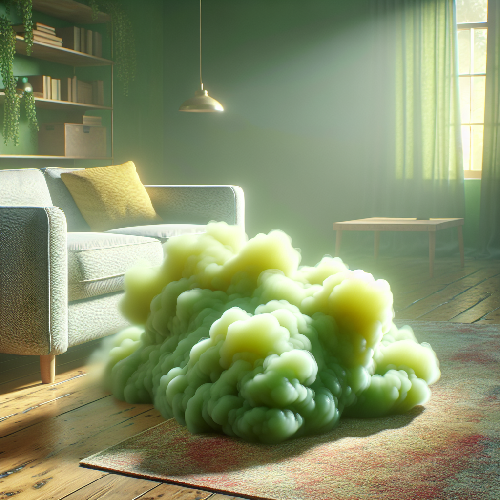 Photorealistic image of an invisible, unpleasant, swirling green-yellow cloud of foul odor subtly emanating from a stained carpet in a slightly dim living room. The scene conveys a persistent, lingering bad smell, evoking a sense of challenge and annoyance. Focus on atmosphere, not explicit mess.