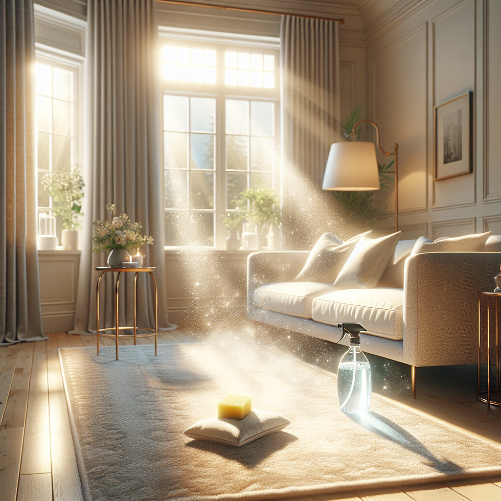 Bright, clean, and airy living room bathed in warm sunlight. A sparkling clean carpet and a subtle glow representing fresh, clean air. A small, elegant spray bottle and sponge are neatly placed on a side table. The overall atmosphere conveys renewed freshness, comfort, and the successful removal of unpleasant odors. Photorealistic.