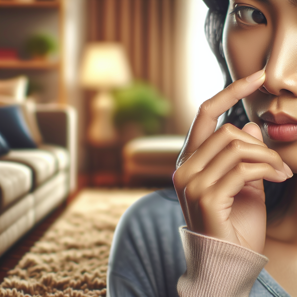 A close-up of a person's hand subtly pinching their nose, with a slightly worried or frustrated expression on their face, indicating an unseen but persistent unpleasant odor. In the softly blurred background, a domestic setting like a living room with a carpet or sofa is visible, suggesting the source of the hidden smell. Realistic photograph, natural light, conveying a relatable household problem.
