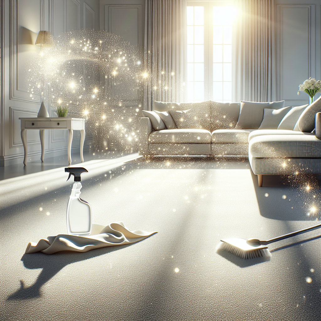 A bright, sun-drenched living room where a pristine, clean carpet or upholstery looks newly refreshed. The air is visually depicted as sparkling and clear, with subtle, shimmering light particles dancing in the sunlight, symbolizing the complete removal of odors and a wonderfully fresh atmosphere. A generic spray bottle for cleaning and a clean cloth are placed subtly in the foreground. Realistic photograph, high key lighting, conveying a sense of relief, cleanliness, and comfort.