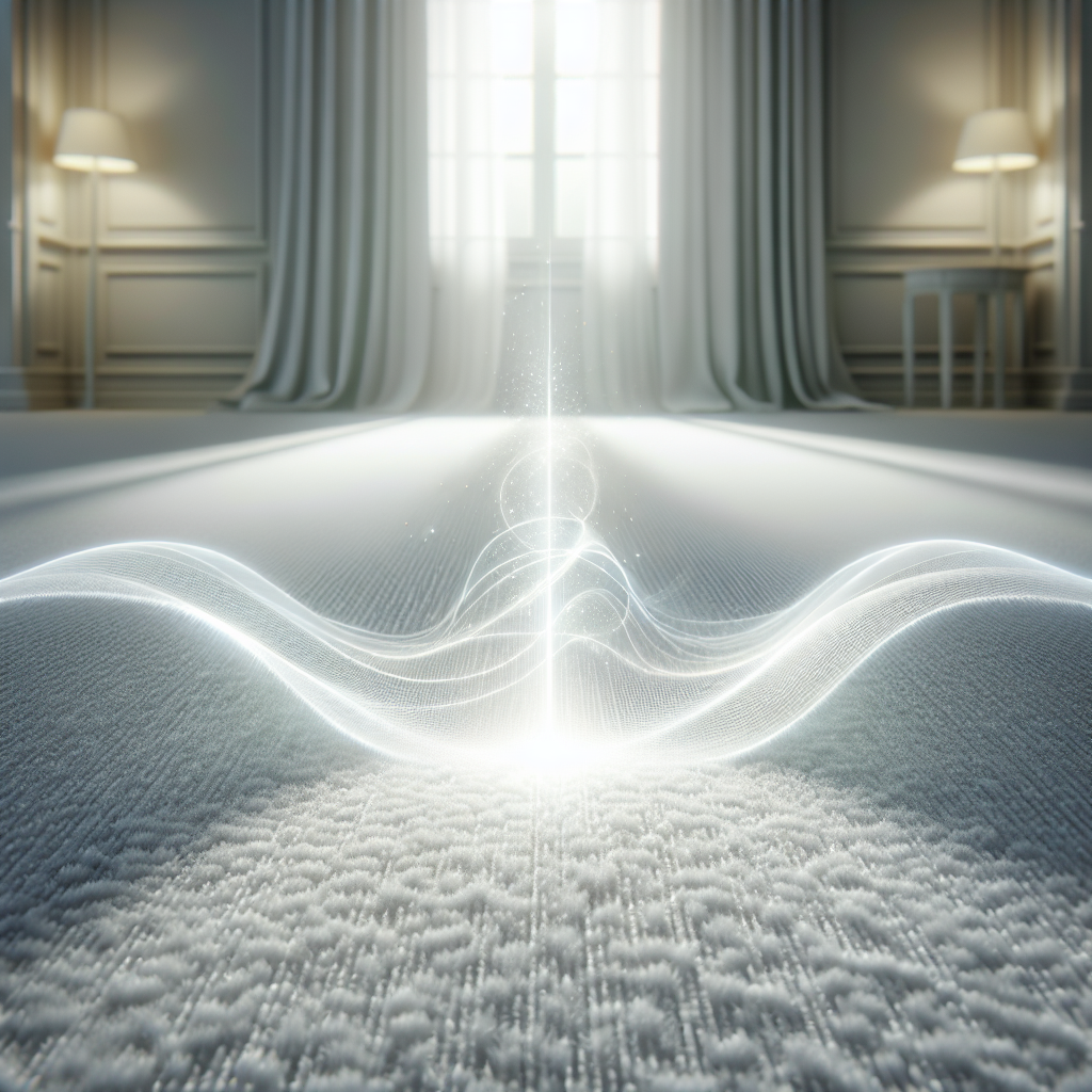 A pristine, light-colored carpet or upholstery surface, glowing with cleanliness. Subtle, shimmering energy waves rise from the fabric, symbolizing the complete neutralization of unpleasant odors. In the background, diffused natural light streams through a window, creating an atmosphere of purity and freshness. Soft, bright, high-key lighting. Photorealistic style, hyper-detailed.