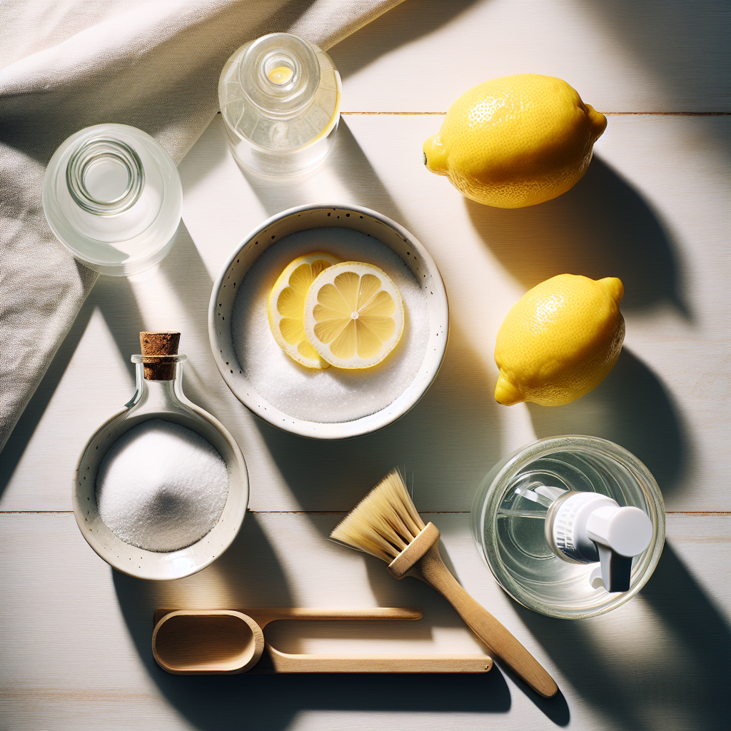 An aesthetic overhead shot (flat lay) of various common household remedies known for odor neutralization, such as a small bowl of baking soda, a bottle of white vinegar, a few fresh lemon slices, and a small spray bottle, all neatly arranged on a clean, light-colored wooden table or white countertop. A subtle, clean light shines on the items, creating soft shadows. The overall impression is practical, helpful, and natural. Blog photography, soft natural light.