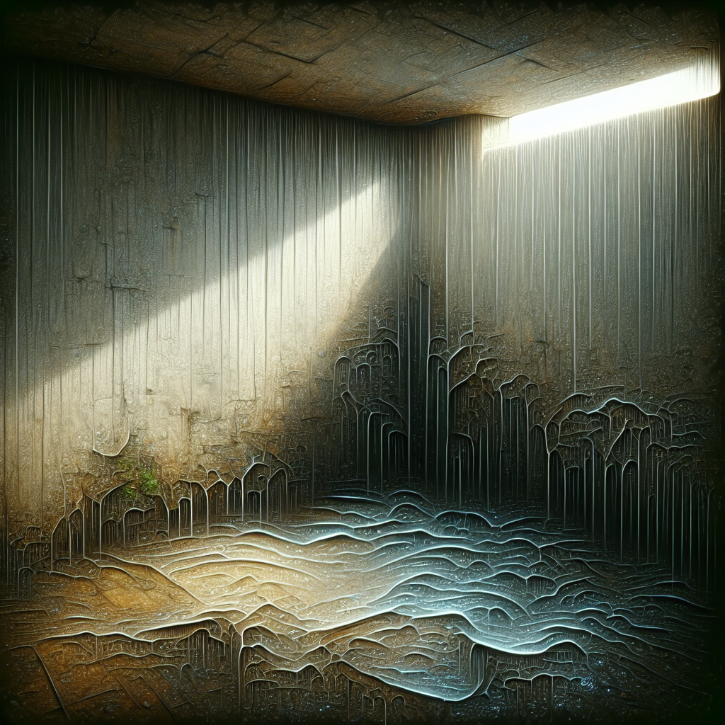 An atmospheric shot of a damp, musty basement corner, with subtle visual cues of moisture and faint, stylized wavy lines representing an unpleasant, stagnant smell emanating from the walls. Dim lighting, conveying a sense of persistent odor. Realistic, high detail.