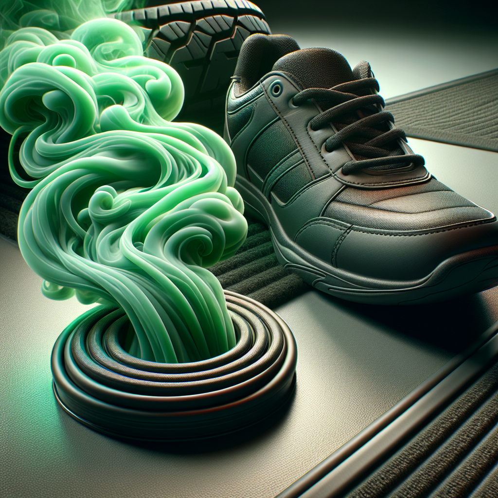 A close-up, realistic photo of various common rubber items, such as a black car floor mat, a new rubber shoe, and a kitchen sealing ring, emitting a visible, strong, unpleasant green haze or vapor that swirls upwards. The background is slightly blurred, emphasizing the pervasive odor. Studio lighting, high detail.