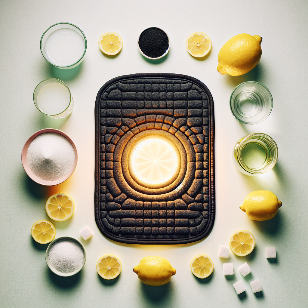 A bright, clean, and optimistic flat lay photo showing natural remedies tackling an odor problem. A pristine, fresh-looking rubber car floor mat is surrounded by small bowls of baking soda, lemon halves, a small glass of white vinegar, and pieces of activated charcoal. A subtle, clean, fresh glow or aura emanates from the mat, symbolizing a pleasant, neutralized smell. Soft, natural light.