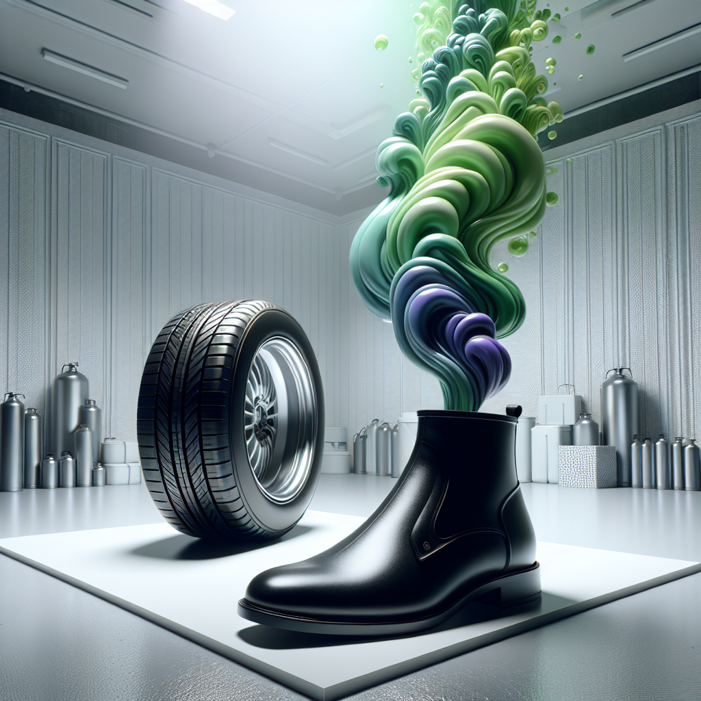 A modern, clean setting with a new car tire or a sleek pair of black rubber boots prominently displayed, emitting subtle, almost visible unpleasant green or purple 'smell waves' into the air. The overall atmosphere suggests a strong, unwanted odor. Realistic, focused on the object.