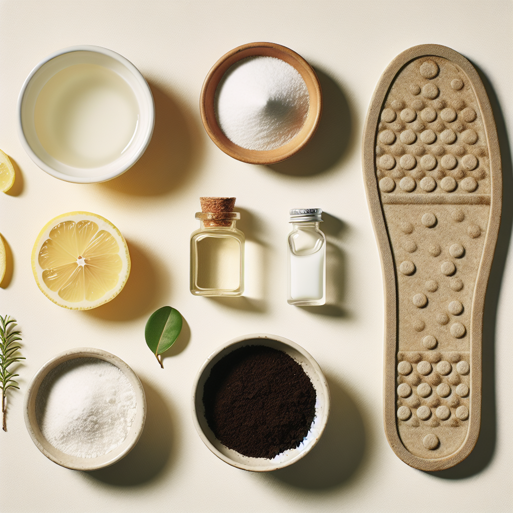 A minimalist, brightly lit countertop featuring various natural remedies arranged around a small, neutral-colored rubber item (e.g., a rubber mat corner, a shoe sole). Elements include a bowl of white baking soda, a small cup of dark coffee grounds, a clear bottle of vinegar, and perhaps some lemon slices, symbolizing natural odor removal. Clean, fresh aesthetic, top-down view.
