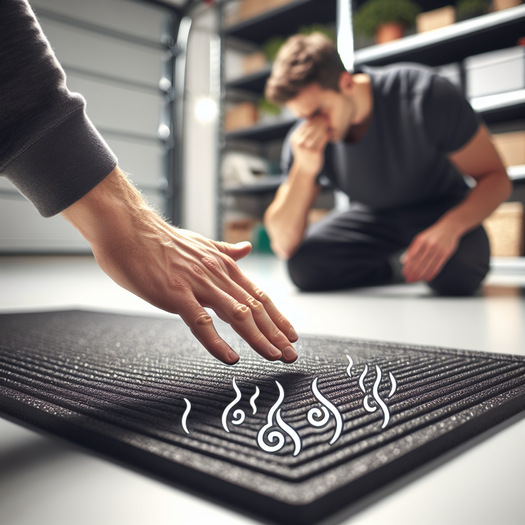 A close-up of a dark, new rubber mat being unrolled onto a clean floor, with a subtle, stylized visual representation of a strong, unpleasant odor emanating from it. In the blurred background, a hand is near a nose, indicating discomfort. The scene should be modern and clean, perhaps in a garage or a spacious utility room, with a hint of natural light.