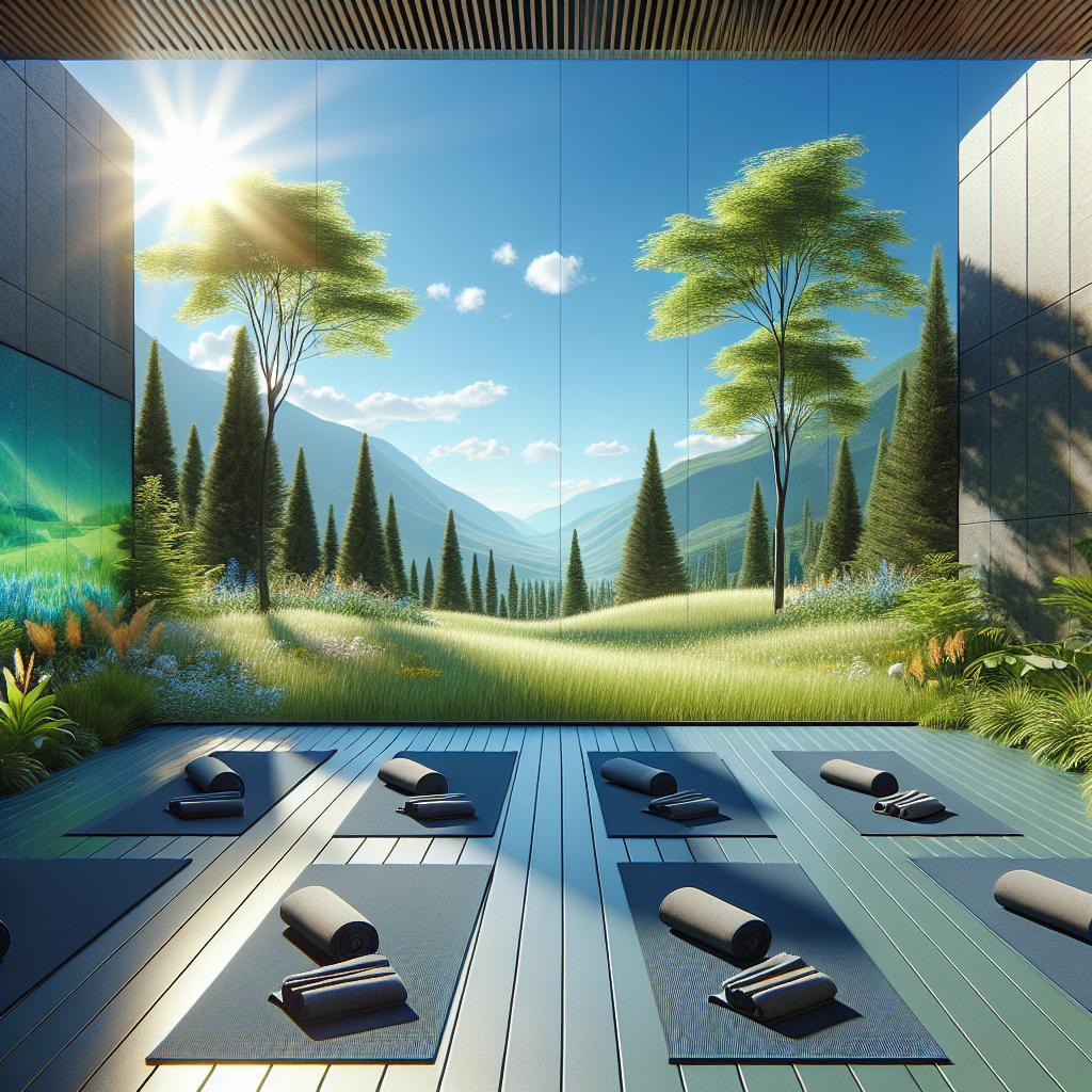 Several dark rubber mats are spread out to air in bright sunshine on a clean, modern balcony or a grassy garden lawn. The scene is fresh and airy, with a clear blue sky in the background and perhaps some green plants or flowers. A gentle breeze is suggested, and the overall mood is one of cleanliness and natural purification.