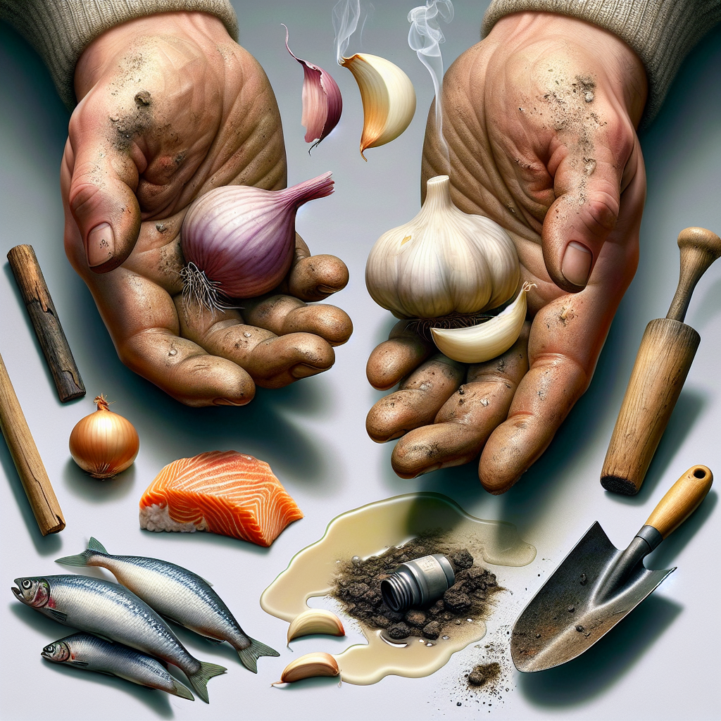 A close-up shot of a pair of hands, looking slightly exasperated, surrounded by common culprits of strong odors: a half-peeled garlic clove, a sliced red onion, a small piece of fish, a garden trowel covered in moist soil, and a spillage of engine oil. The background is a soft blur of a kitchen counter or workshop bench, with a hint of steam or unpleasant odor represented subtly, in a realistic photographic style.