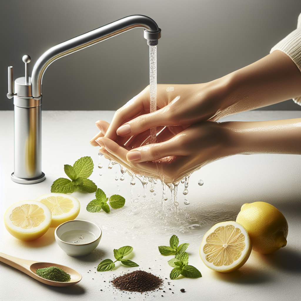 A pair of clean, fresh hands being gently rinsed under a stream of clear water, with refreshing elements like a sliced lemon, green mint leaves, and a small pile of coffee grounds subtly arranged nearby on a clean, light surface. The focus is on cleanliness, freshness, and natural remedies. Bright, airy, and soft lighting, photorealistic.
