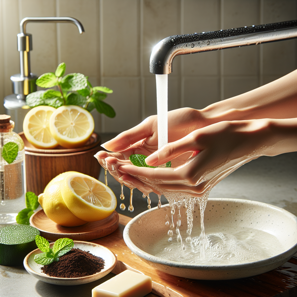 A pair of clean, fresh hands gently rinsing under a soft stream of water, surrounded by natural odor-removing remedies: bright yellow lemon slices, a small bowl of dark coffee grounds, a fresh sprig of mint, and a sleek stainless steel 'soap' bar. The lighting is bright and natural, creating a sense of cleanliness, freshness, and relief, in a hyperrealistic photography style.