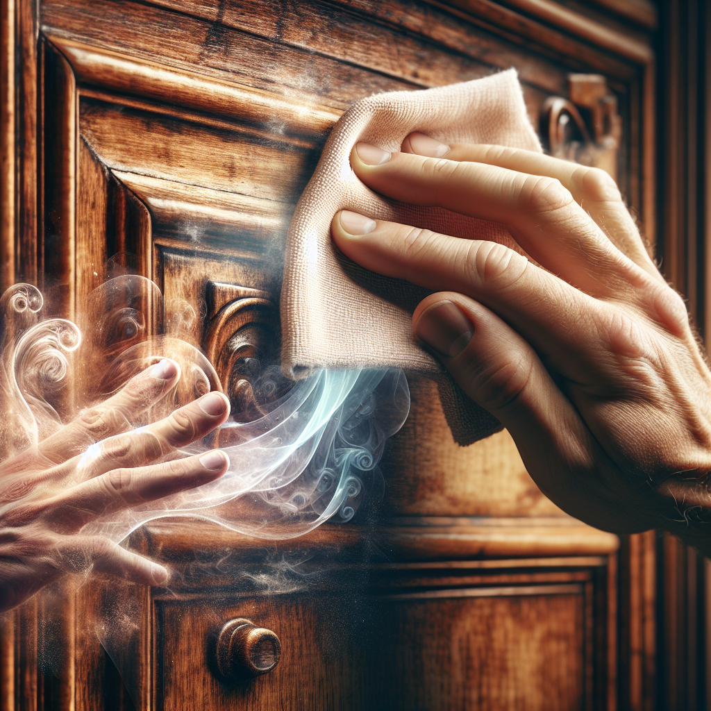 A close-up of a hand gently wiping an old wooden surface, like a vintage wooden cabinet door or a rustic floorboard, with a cleaning cloth. Subtle visual elements should represent the transition from an unpleasant odor (faint, dark, almost transparent wisps dissipating) to a fresh, clean scent (light, airy swirls appearing). The wood grain should be detailed, and the lighting warm and natural, suggesting restoration.