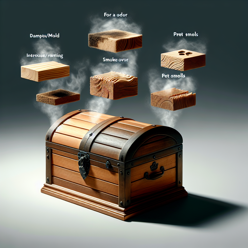 An artistic, slightly conceptual image depicting various sources of wood odor: a small, dark patch for dampness/mold, a faint wisp of smoke, and a minimalist paw print, all gently floating away from an antique wooden chest or a stack of wooden planks. The wood itself should appear clean and restored, bathed in soft, diffused light, symbolizing the successful removal of smells and renewed freshness.