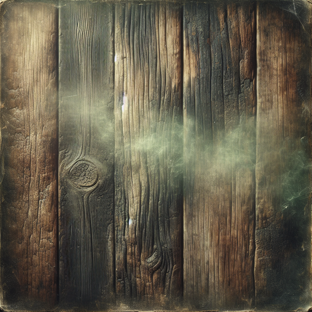 A close-up, highly detailed shot of an old, weathered wooden cabinet or chest. The wood has a dark, slightly stained appearance, and a subtle, almost translucent greenish-grey mist or aura is gently wafting from it, symbolizing an unpleasant, musty odor. The background is softly blurred. Realistic, slightly moody lighting, capturing the texture of aged wood.