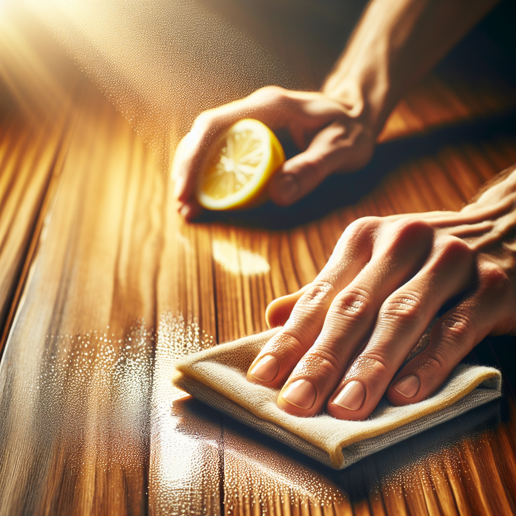 A bright and clean scene. A human hand (gender-neutral) is gently wiping a polished wooden table surface with a natural cleaning agent, perhaps a lemon slice or a cloth with a subtle hint of baking soda visible. The wood looks refreshed and clean. Soft, warm light illuminates the scene, conveying a sense of renewal and cleanliness. Focus on the action and the contrast between the old problem and the new solution. Realistic, optimistic feel.