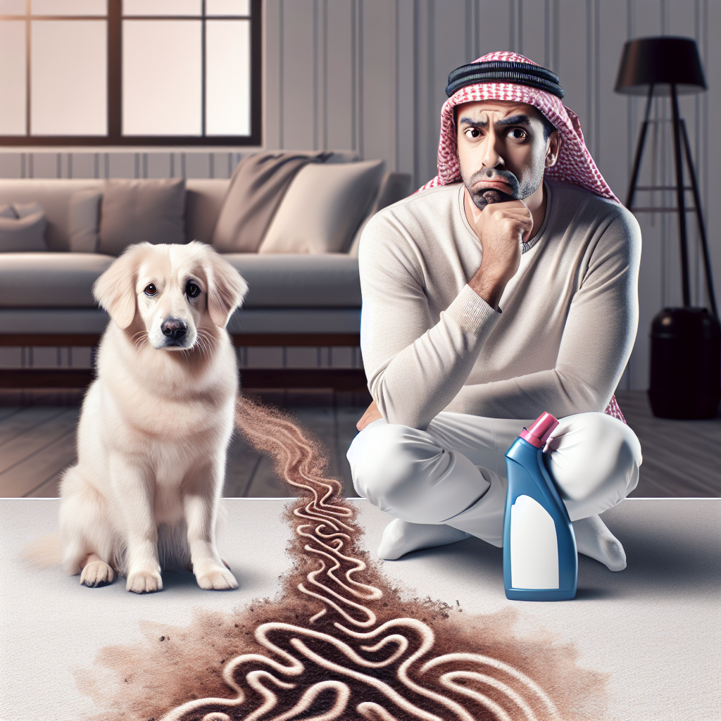 A modern home interior, a dog owner with a slight look of exasperation but also love, looking at their cute dog. The dog is sitting innocently near a subtle, abstract brown smudge on a light-colored rug, from which faint, wavy lines (representing smell) are rising. Cleaning supplies are subtly visible in the background. The image should be clean, illustrative, and convey the relatable challenge of pet odors without being graphic or disgusting.