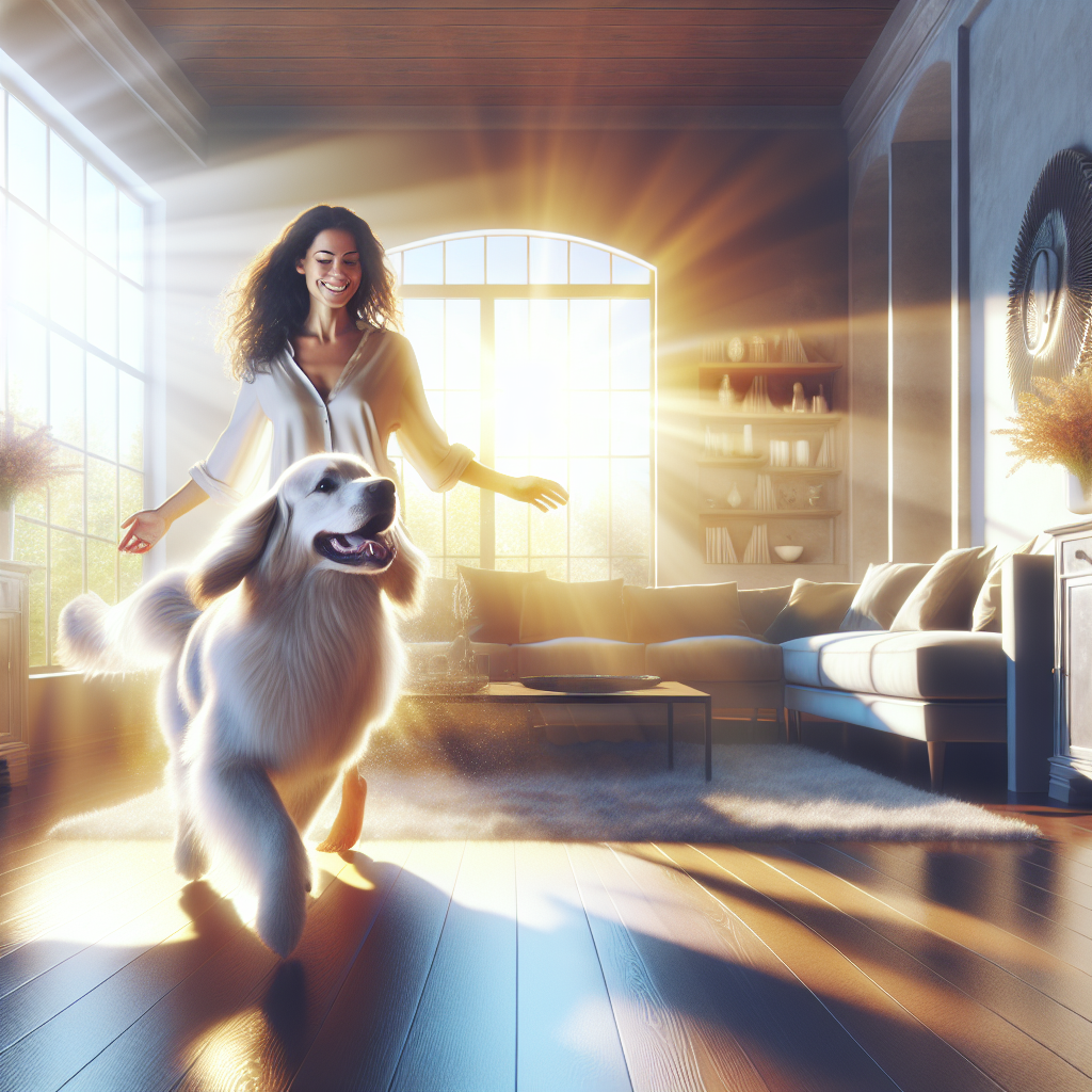 A bright, clean, and airy living room filled with natural light, sparkling and inviting. A happy, well-groomed dog is playing joyfully with its smiling owner, who is visibly relaxed. The overall mood is one of freshness, relief, and a perfectly clean home environment, symbolizing successful odor removal. The style should be appealing and positive.