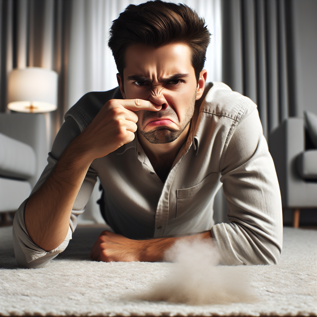 A slightly distressed person, looking like a dog owner, holding their nose with a determined but slightly annoyed expression. They stand in a modern, clean living room. A faint, wispy, almost translucent cloud of unpleasant odor symbolically rises from a small, indistinct spot on a light-colored carpet, indicating a lingering bad smell. The lighting is soft but highlights the subtle challenge. Realistic photo.